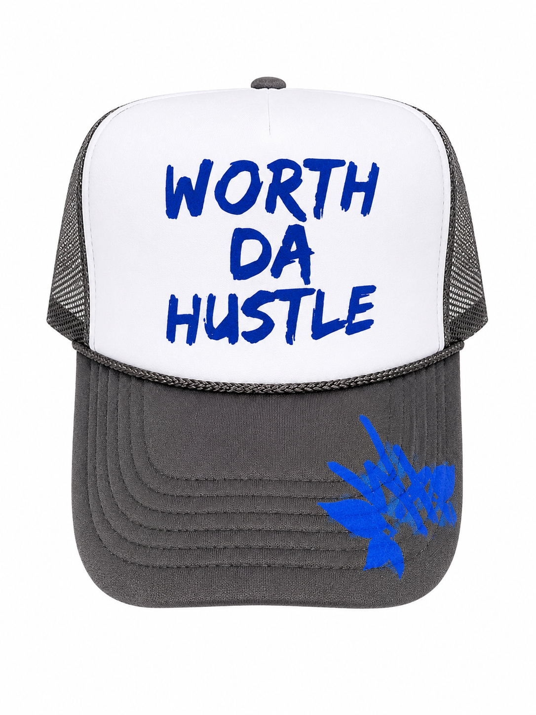 TRUCKER HAT-GRAY &WHITE w/ ROYAL BLUE